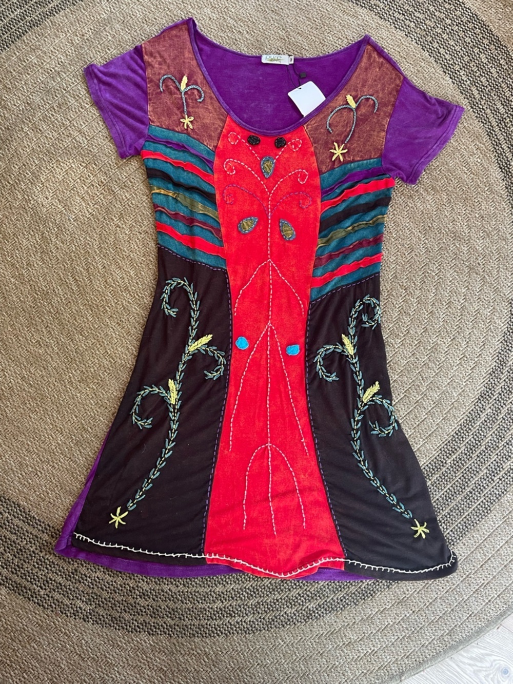 1990s vintage patchwork tunic mini dress wearable art red purple small S - Picture 7 of 9